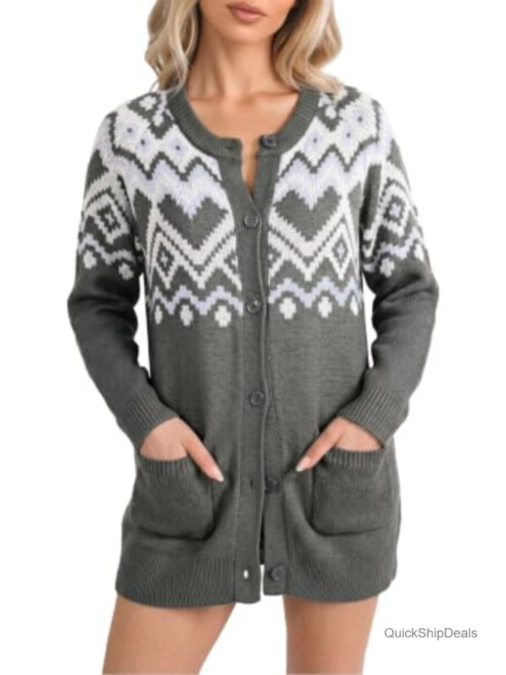 Women's Button Front Fair Isle Knit Cardigan Long Sleeve Crew Neck